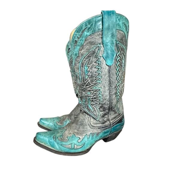 Corral Womens Snip Toe Boots R2266 Gray Turquoise With Glitter Inlay Size 9.5 M - Picture 1 of 11